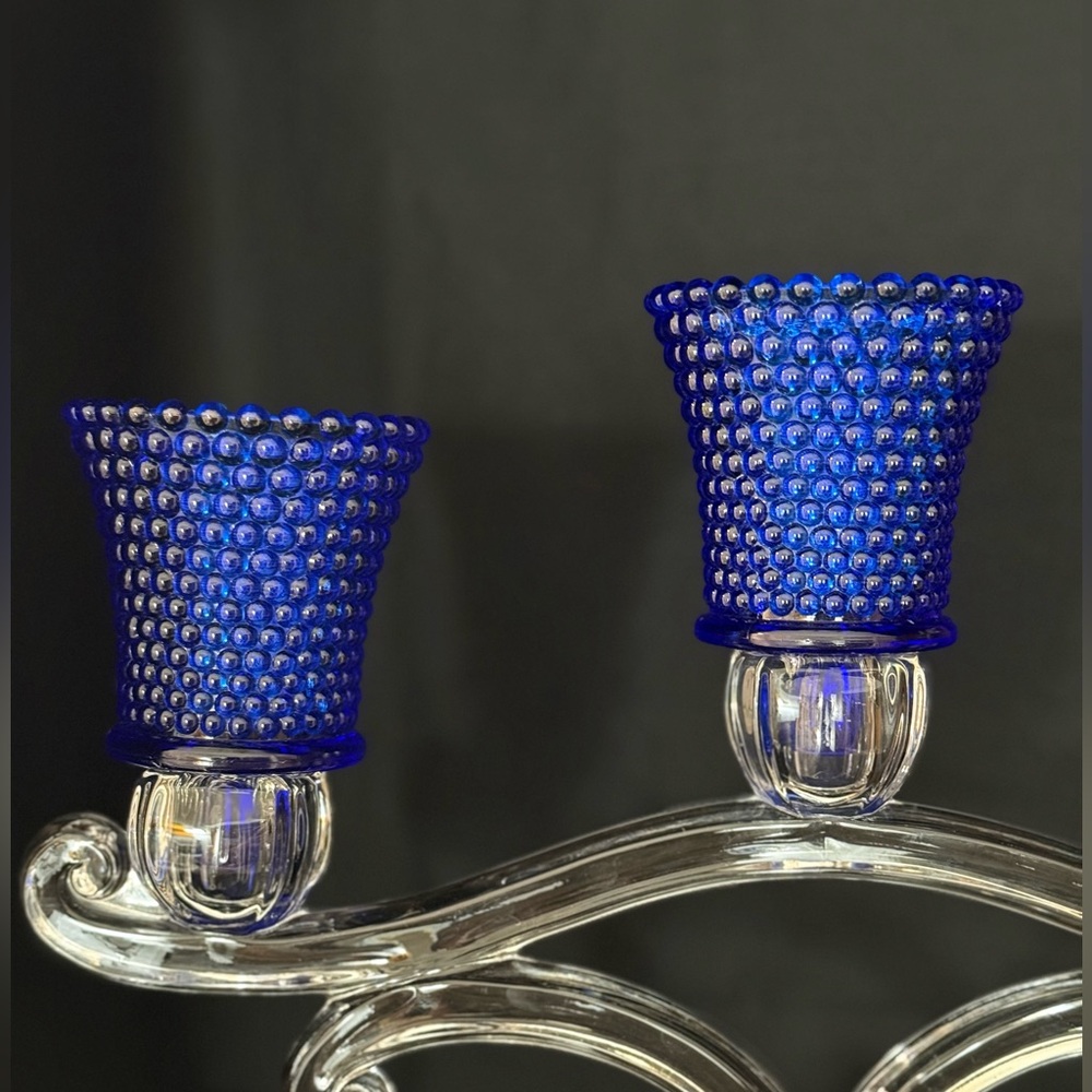 Vintage 2pc Cobalt Blue Glass Hobnob Candle Shade Peg Bottom Votives